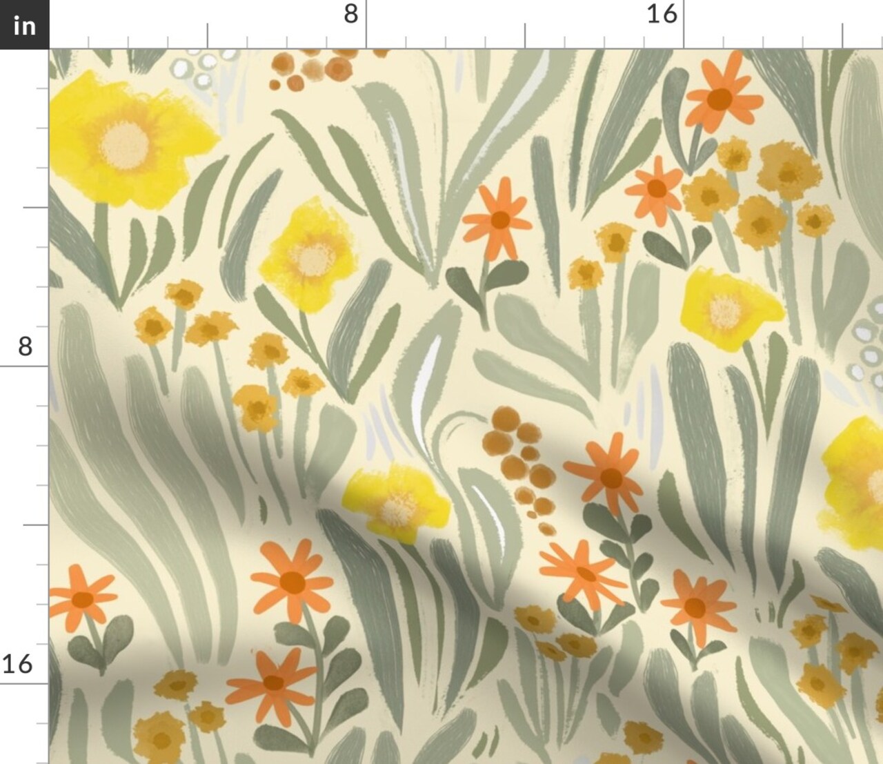 Art Nouveau Garden Sage Green Yellow Abstract Flowers Large Scale Botanical Garden Custom Printed Fabric by Spoonflower Various Fabrics by the Yard or Fat Quarter
